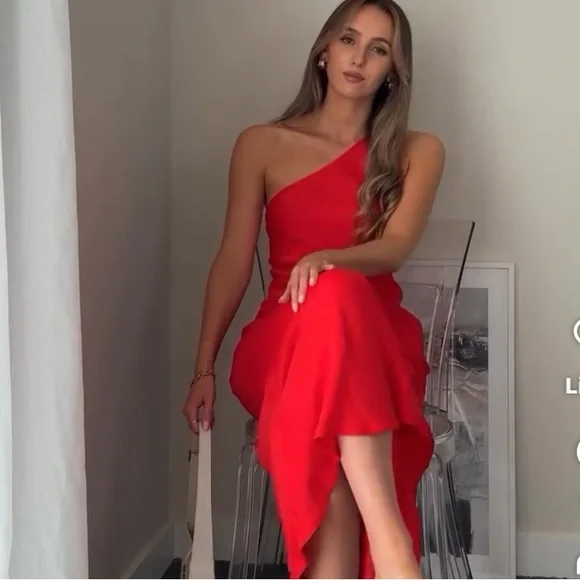 ZARA ASYMMETRIC SATIN EFFECT MIDI DRESS RED XS - Picture 15 of 16